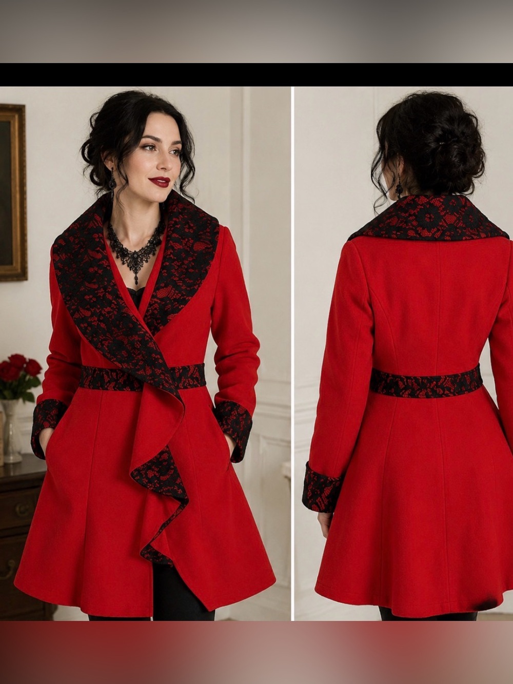 NWT Ryu Red Black Floral Lace Coat Jacket Gothic Victorian Fit Flare Size M